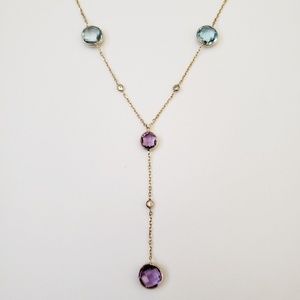 14K Yellow Gold Blue Topaz Amethyst Y-Drop Necklace